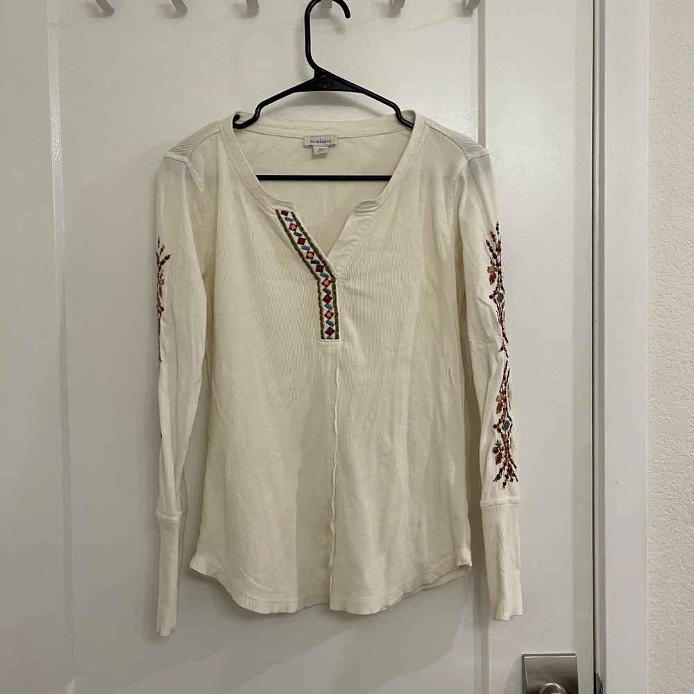 Sundance White Embroidered Long Sleeve Shirt Boho Beachy Chic Indie